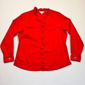 Foxcroft Button Up Shirt Ruffle Non Iron Stretch Red Casual Shaped Women's 16